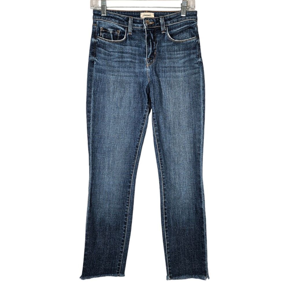 L'agence Mid Rise Skinny Jeans Size 25 (28x27) Dark Wash Raw Hem Designer Casual